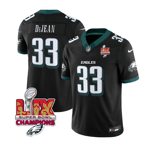 Men's Black Philadelphia Eagles #33 Cooper DeJean 2025 Eagles Logo Super Bowl LIX Patch New F.U.S.E. Vapor Untouchable Limited Stitched Football Jersey
